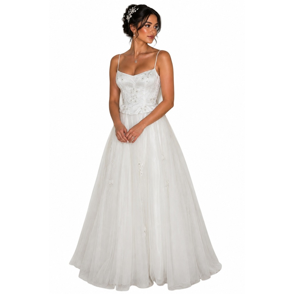Nina Canacci Wedding Dress Women 14 White Beaded Flowing Tulle A-Line Bridal
